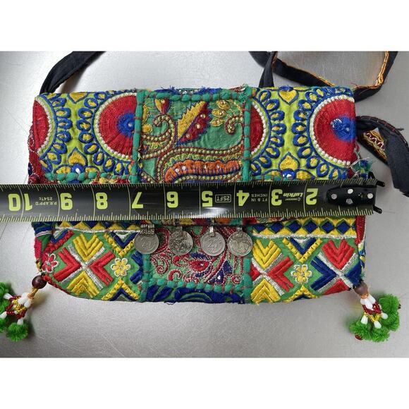 Vintage Boho Banjara Crossbody Handbag Festive Sequin Embroidery Coin Accent - Picture 9 of 9